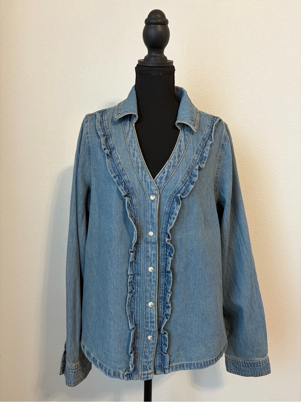 FRYE NWT Ruffle Denim Button Down Shirt Size M